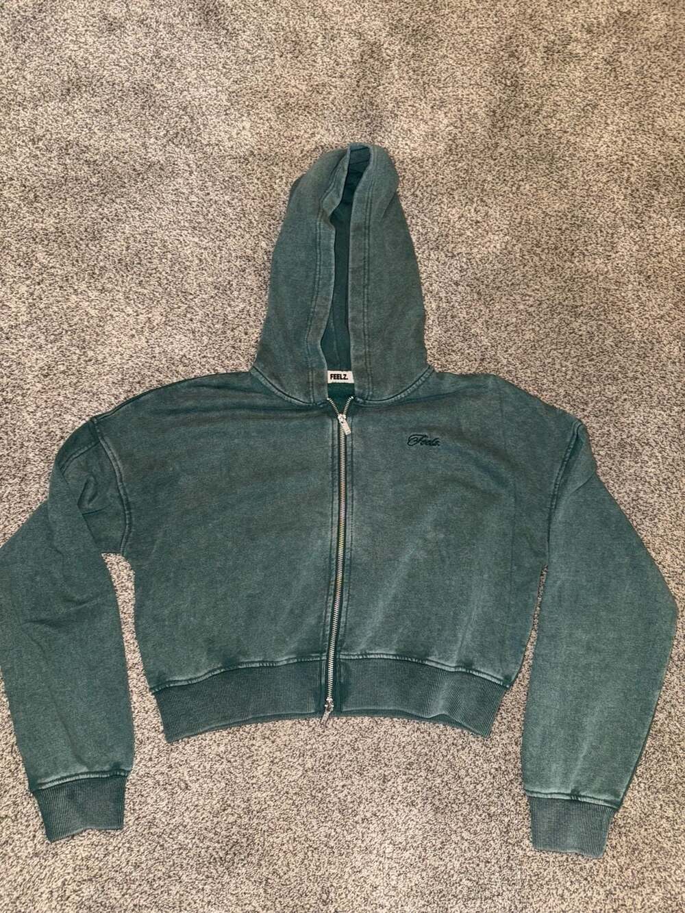 FEELZ Full Zip Hoodie Size S Green Acid Wash Cropped Sweatshirt
